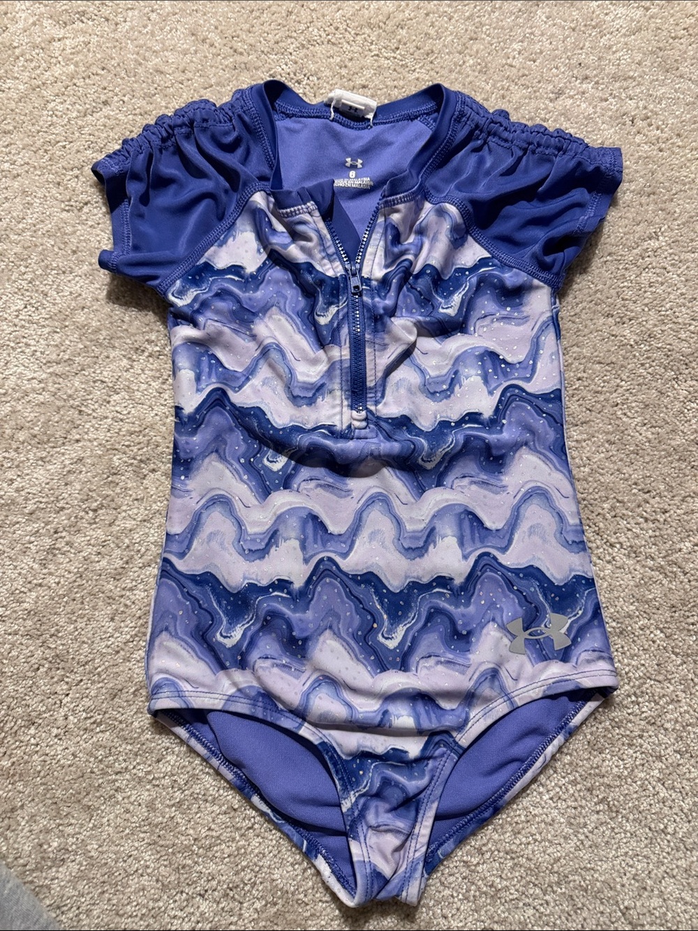Under Armour Girls Blue Marble Zip-Front One-Piece Swimsuit